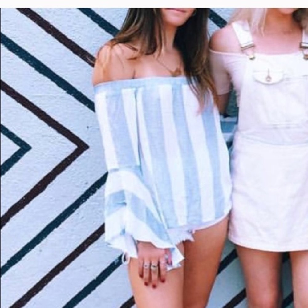 LF Off-Shoulder Blue and White Striped Long Sleeve